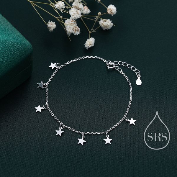 Sterling Silver Star Charm Bracelet or Anklet, Dangle Star Bracelet in Sterling Silver, Star Bracelet, Celestial Jewellery