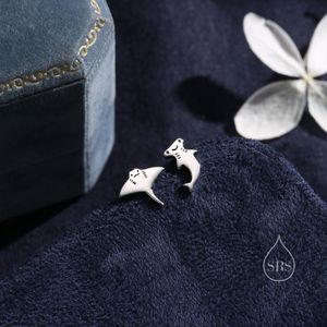 Mismatched Kawaii Hammerhead Shark and Manta Ray Stud Earrings in Sterling Silver, Silver or Gold or Rose Gold,  Asymmetric Fish Earrings, Bundle Available