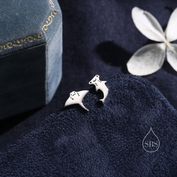 Mismatched Kawaii Hammerhead Shark and Manta Ray Stud Earrings in Sterling Silver, Silver or Gold or Rose Gold, Asymmetric Fish Earrings, Bundle Available