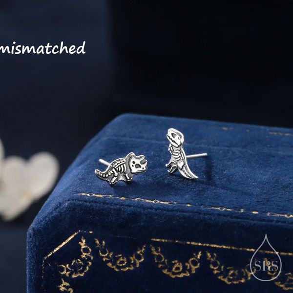 Oxidised Sterling Silver Dinosaur Fossil Stud Earrings, Oxidised Silver Finish Dino Stud, Quirky Dino Stud, Asymmetric Dinosaur Earrings,